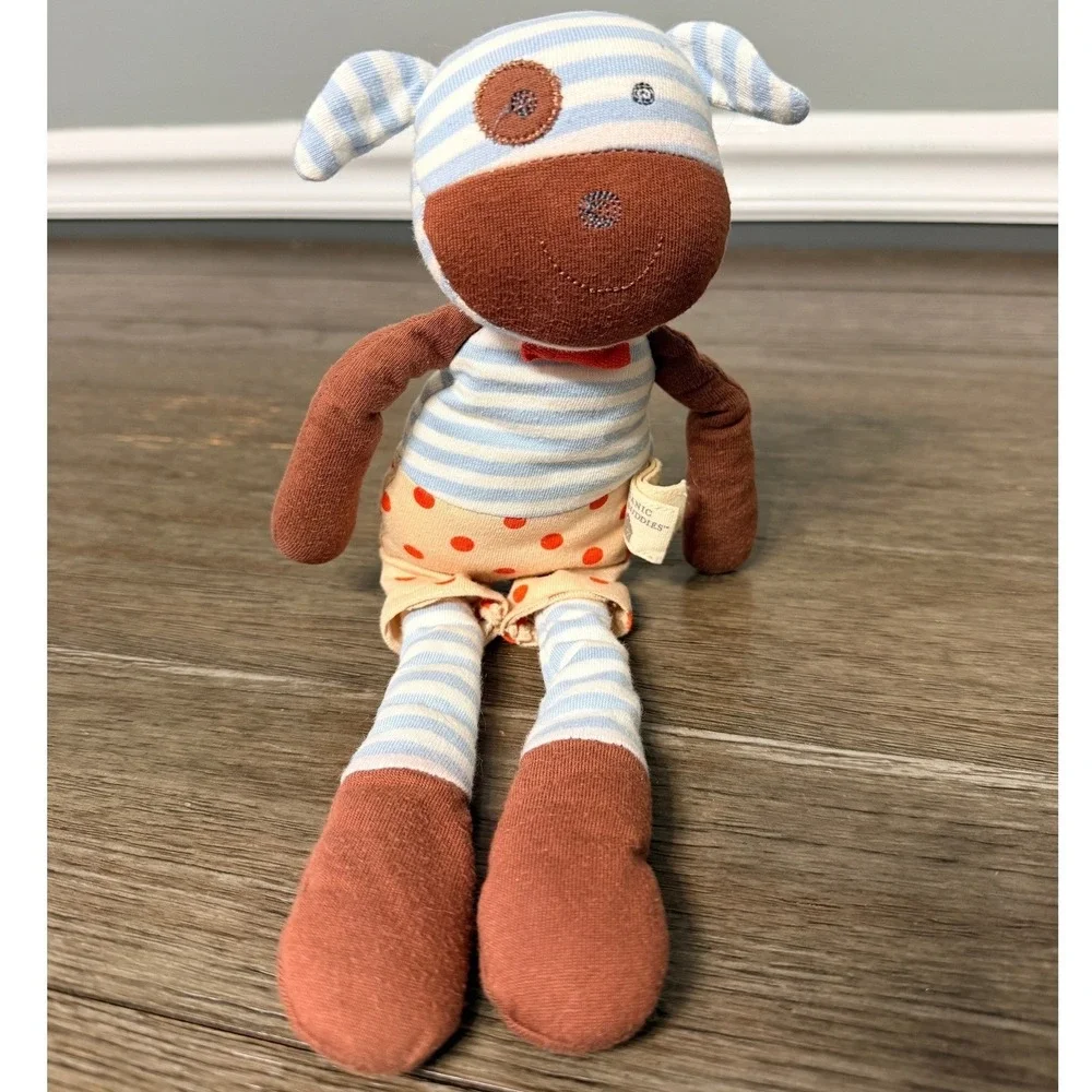 Organic Farm Buddies Apple Park Boxer Dog Rattle Lovey Blue Stripe Orange Plush